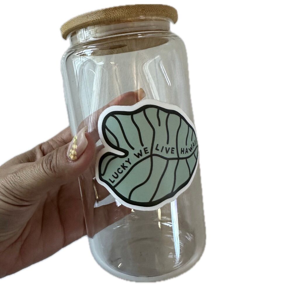 New Libbey Kalo Lucky We Live Hawaii Bamboo Silicone Seal Lid Glass Jar Tumbler
